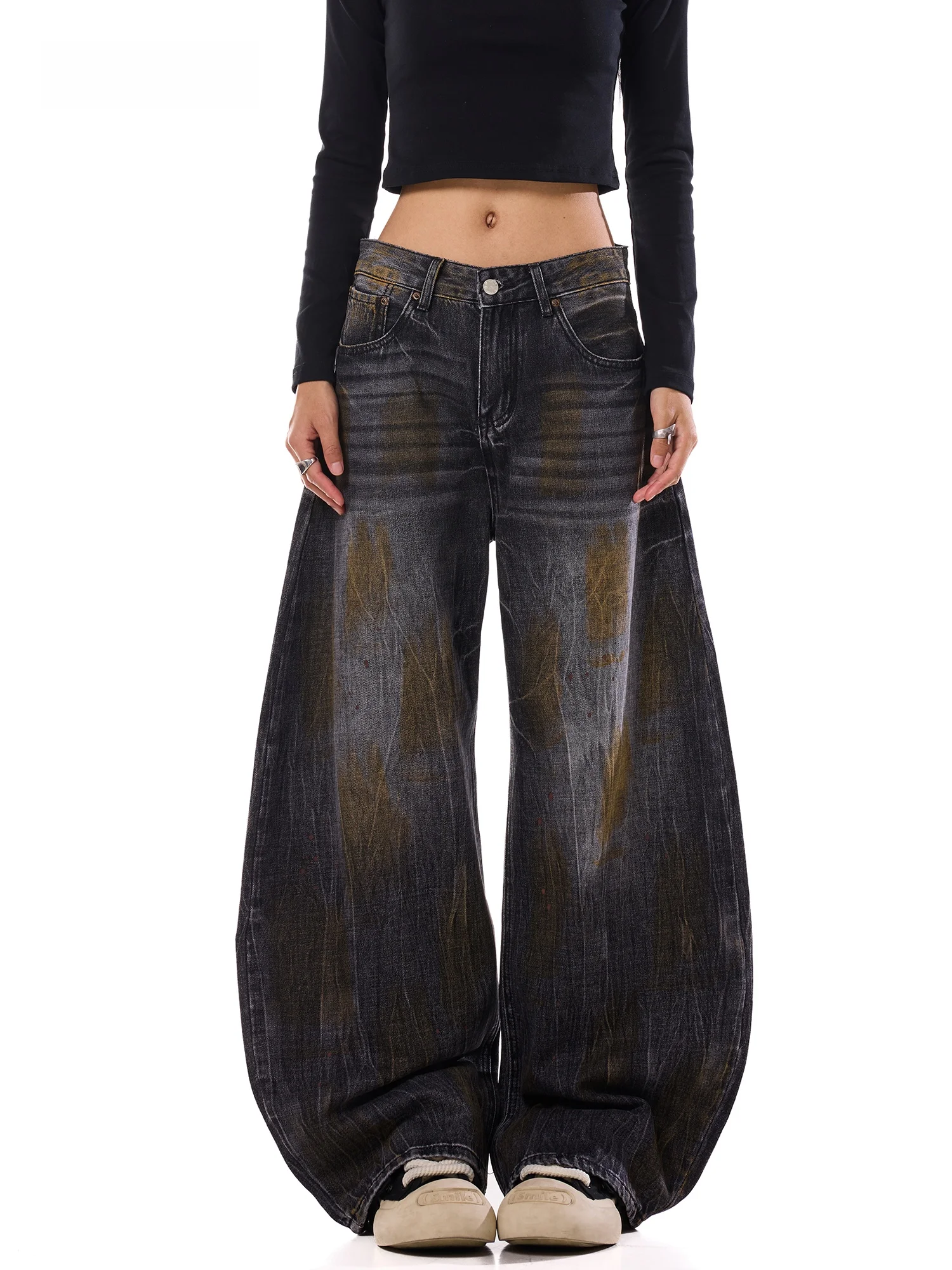 American Style High Waist Faded Wide Leg Jeans Women's Autumn Loose Vintage Knife Jeans Skin Friendly Breathable