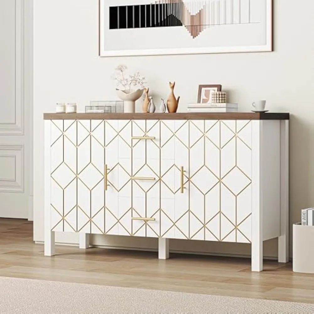 

Side panel buffet cabinet with storage, modern Credenza buffet table with 2 doors and 3 drawers, storage cabinet, white