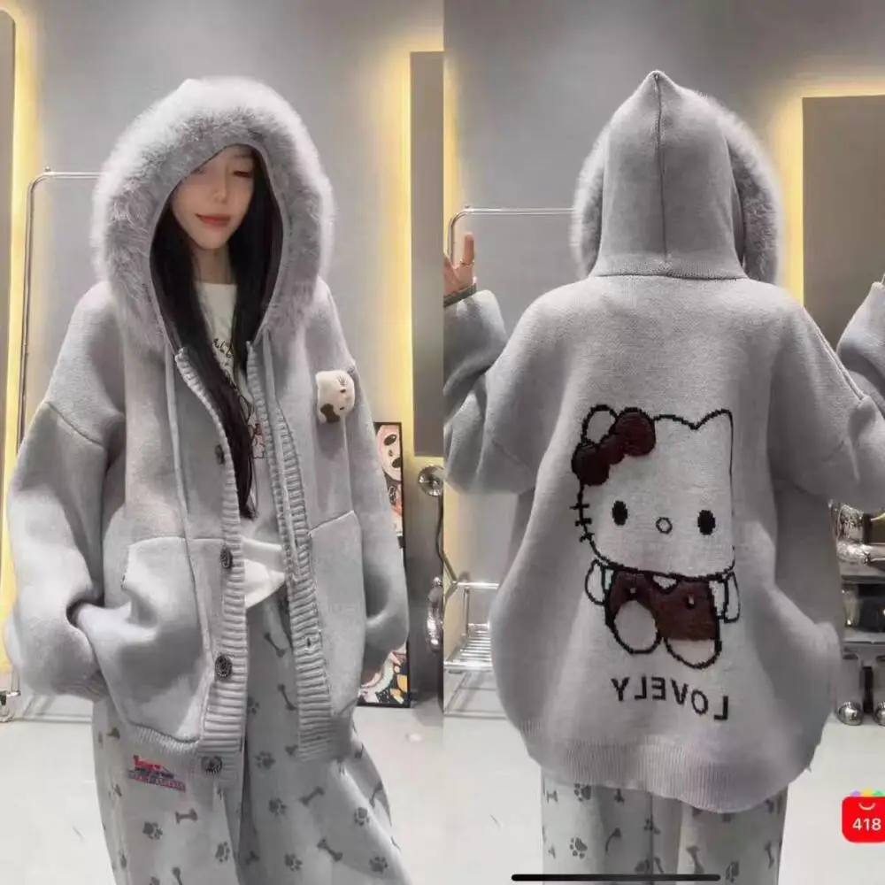 

Anime Hello Kitty Girls Hooded Zipper Cardigan Sweater Sanrio Cartoon Woman Cloose Kt Knitwear Sweet Fashion Long Sleeve Tops