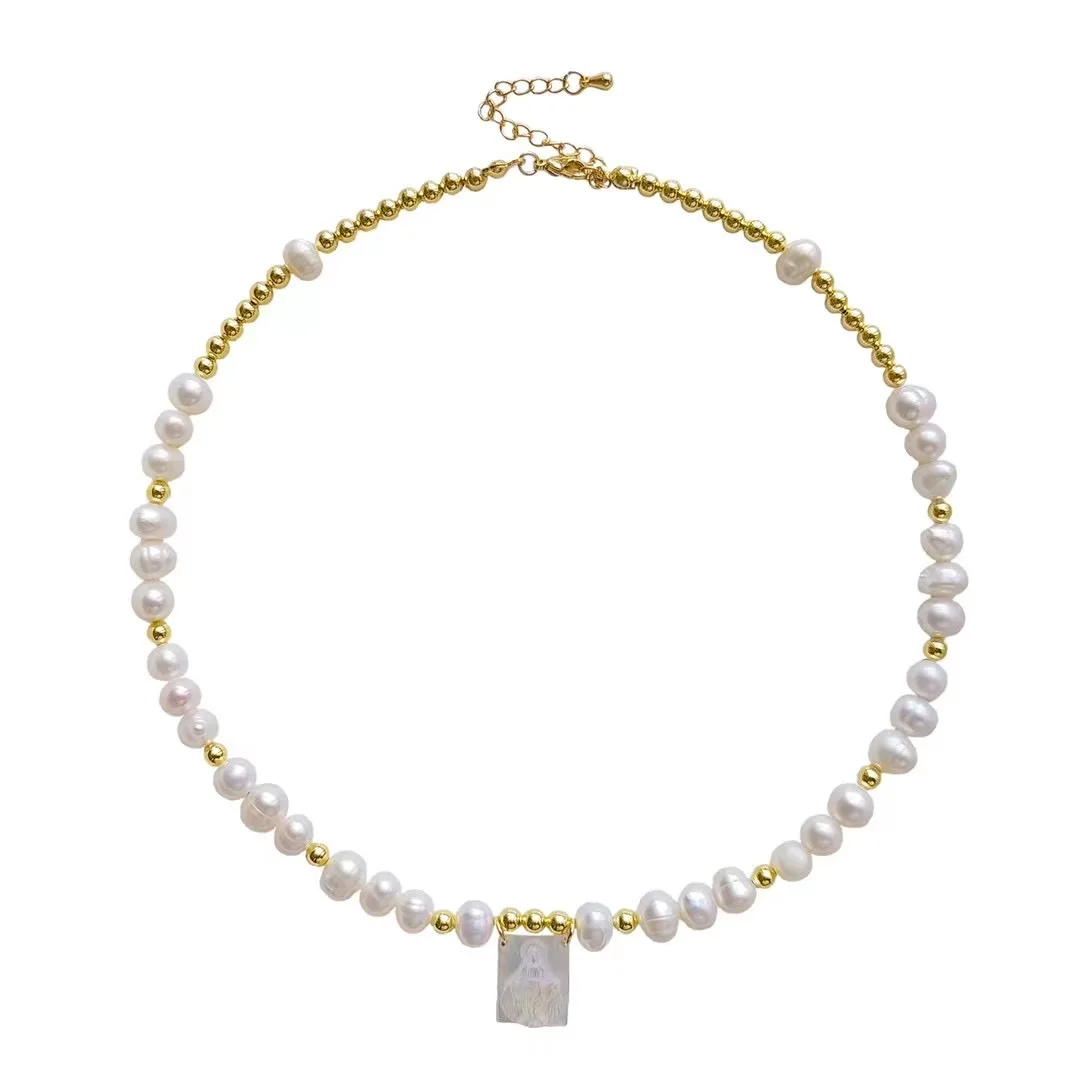 3PCS, Jesus Virgin Mary Freshwater Pearl Beads Necklace For Women Natural Mother of Pearl Shell Pendant Choker necklace