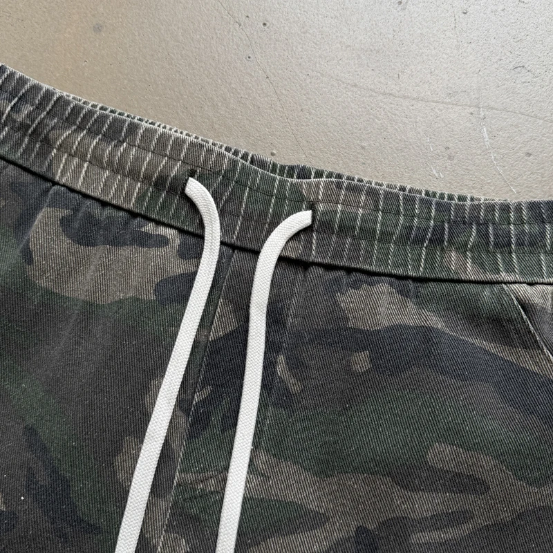 Heavy Washed Damages Saint Pants Hand-painted Splashed Green Camouflage Logging Workwear Pants Men Women Drawstring Trousers