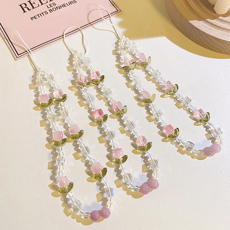 Simple Tulip Flower Beaded Phone Chain Lanyard New Jewelry For Women Party Gift Crystal Charm Cell Phone Case Cord