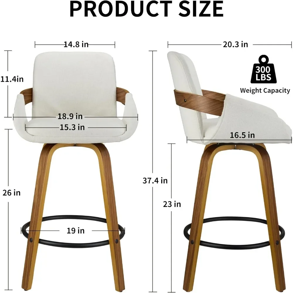 Beige Fabric Swivel Bar Stools with Back, Walnut Bentwood Mid-Century Design, Modern Set of 2 Bar Chairs with Curved Back.