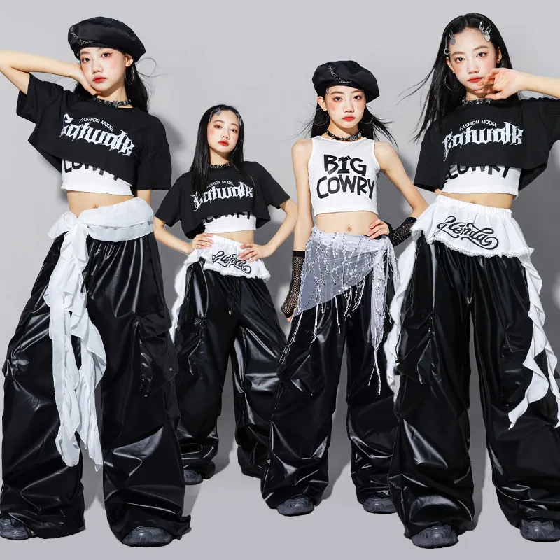 Costume de danse Hip Hop pour enfants, hauts noirs à manches courtes, pantalons en cuir, vêtements d