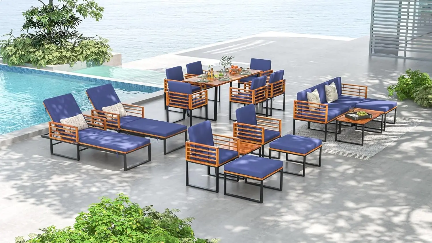 Acacia Wood Chaise Lounge Patio Recliner with 4-Position Adjustable Backrest & Padded Cushion, Outdoor Wooden Sun, Customized view 2