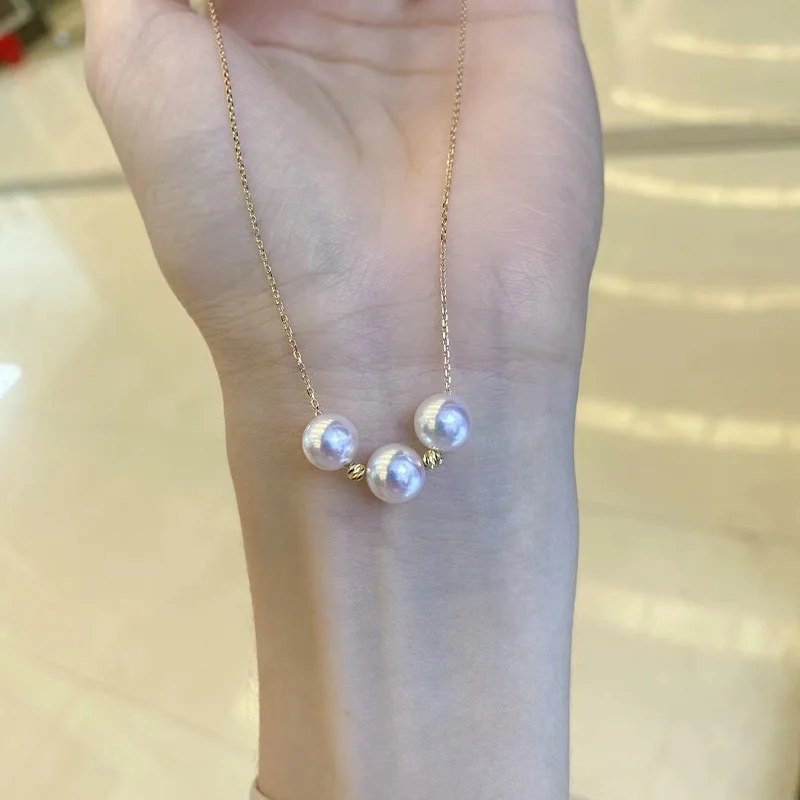 Natural Akoya Saltwater Pearl Necklace, 3-Pearl Balance Beam Pendant 18K Yellow Gold Collarbone Chain, Round Ocean Jewelry