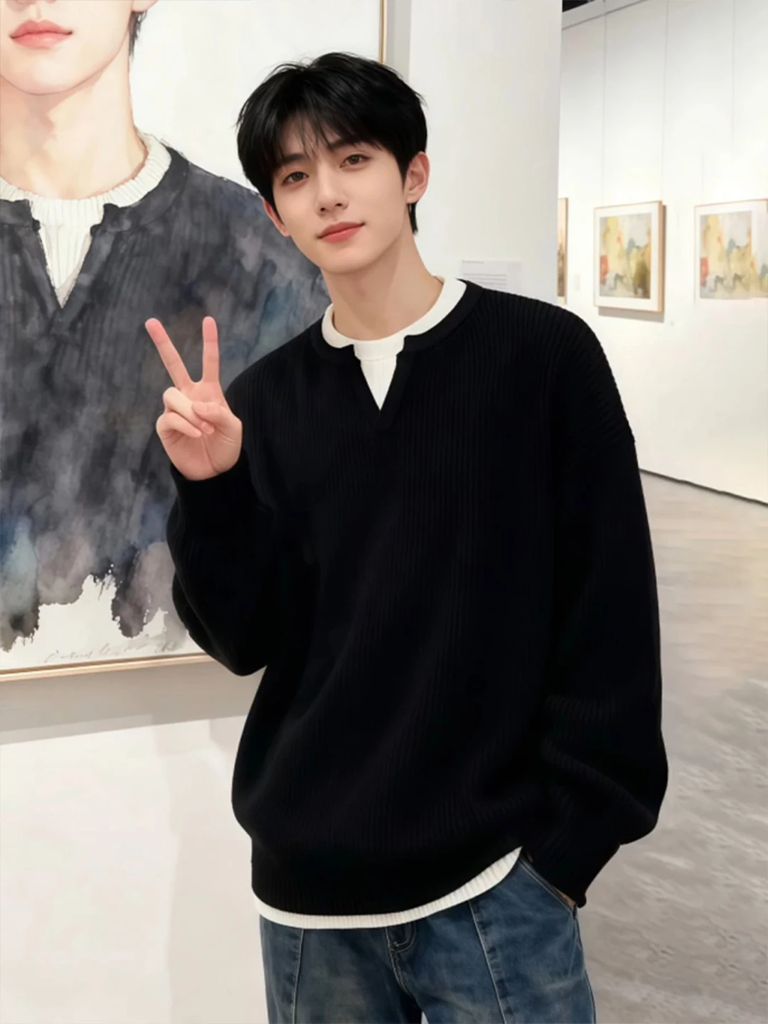 

Мужской вязаный свитер с V-образным вырезом, зимний, утепленный, шерстяной, в американском стиле, свободного кроя, повседневная одежда