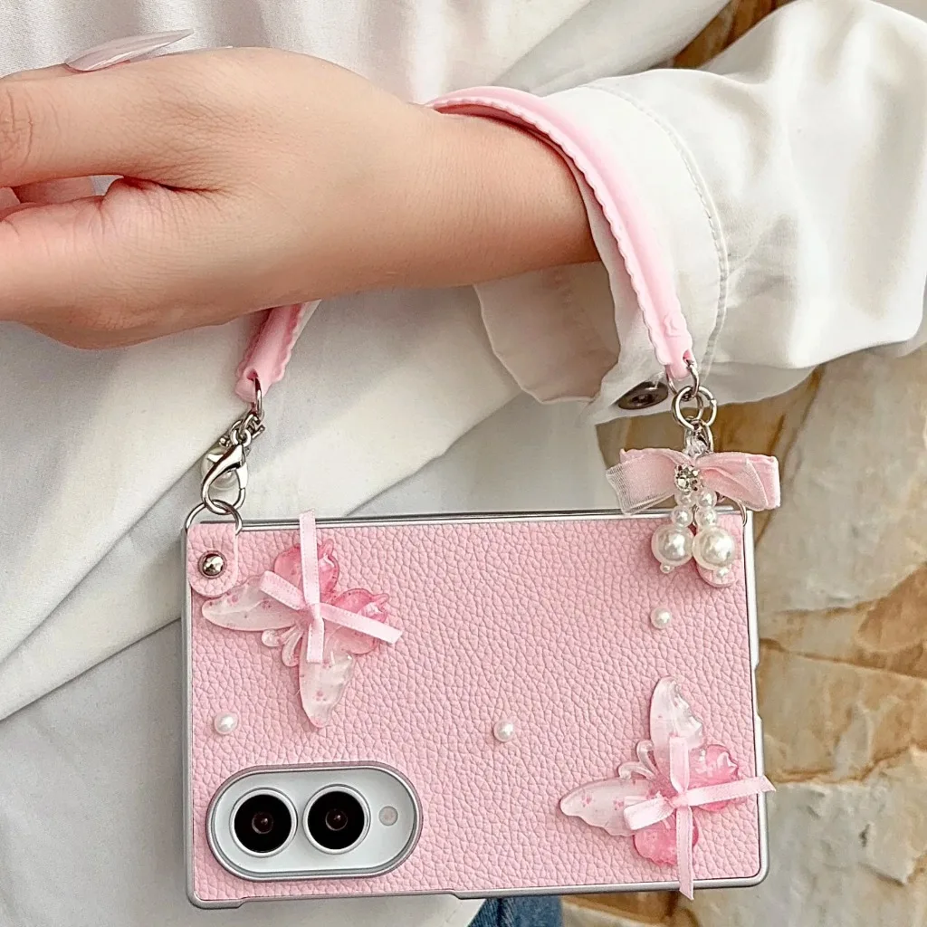 3D Butterfly Pearl Leather Phone Case W/ Wrist Hand Strap For Samsung Galaxy Z Fold 8 Ultra 7 6 5 4 Shockproof Protective Cover