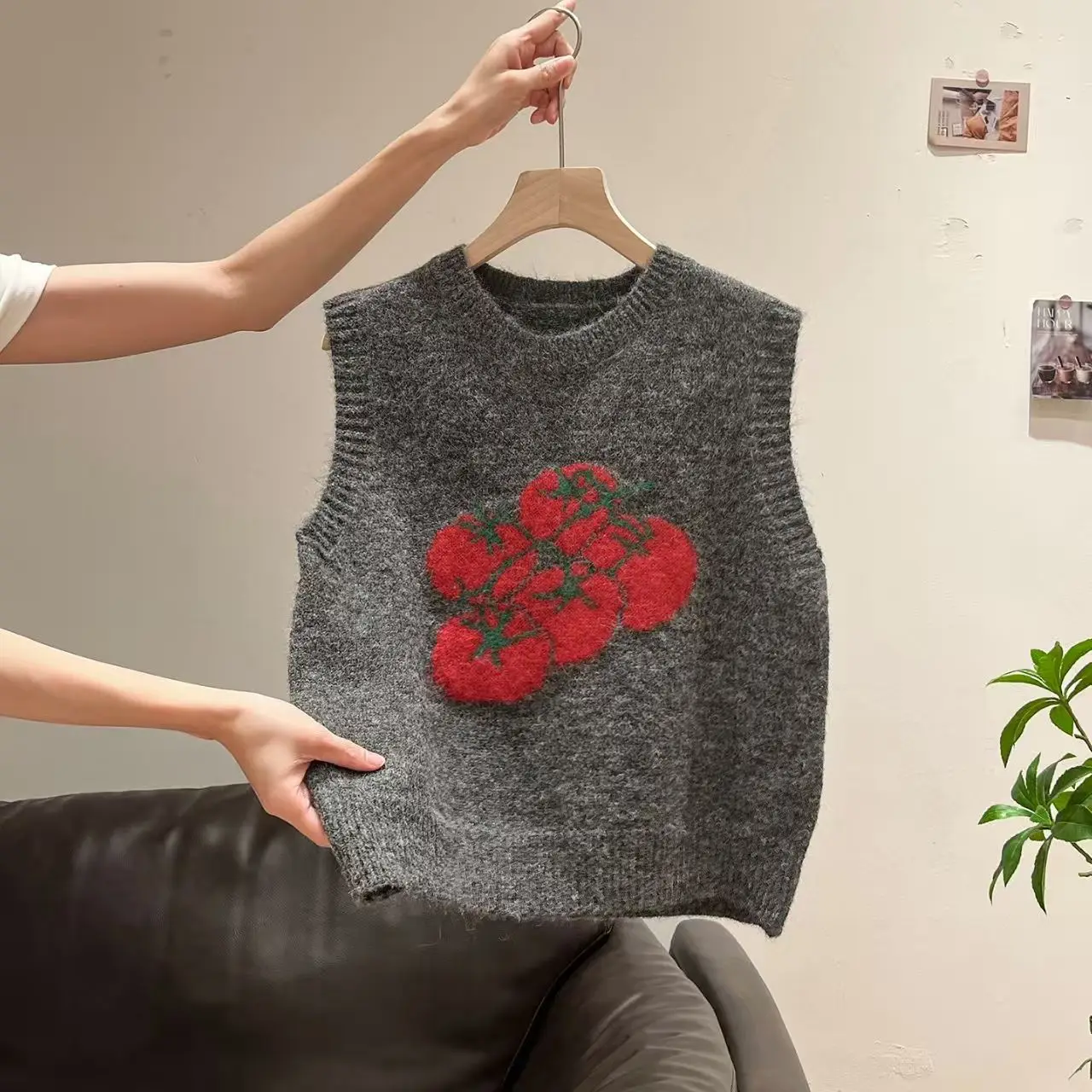 Vegetable Tomato Jacquard Korean Casual Knitted Vests Women Sweater Sleeveless O-neck Loose Versatile Waistcoat Vests Tops 2026 #5