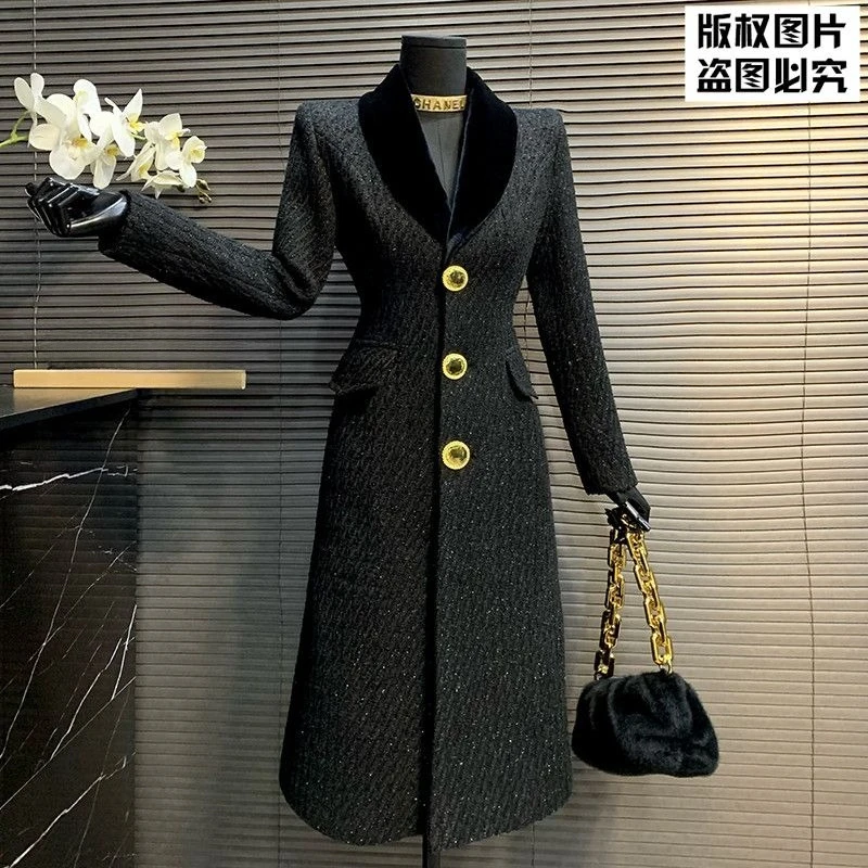 

Luxury Brand Design Clothing Women Slim Long Wool Coat Autumn Overcoat Button Office Lady Black Coat Trendy High Quality Jacket