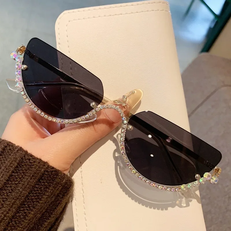 New y2k Vintage Half Frame Cat Eye Sunglasses Women Luxury Brand Designer Sun Glasses Punk Popular Diamond Metal Eyewear UV400