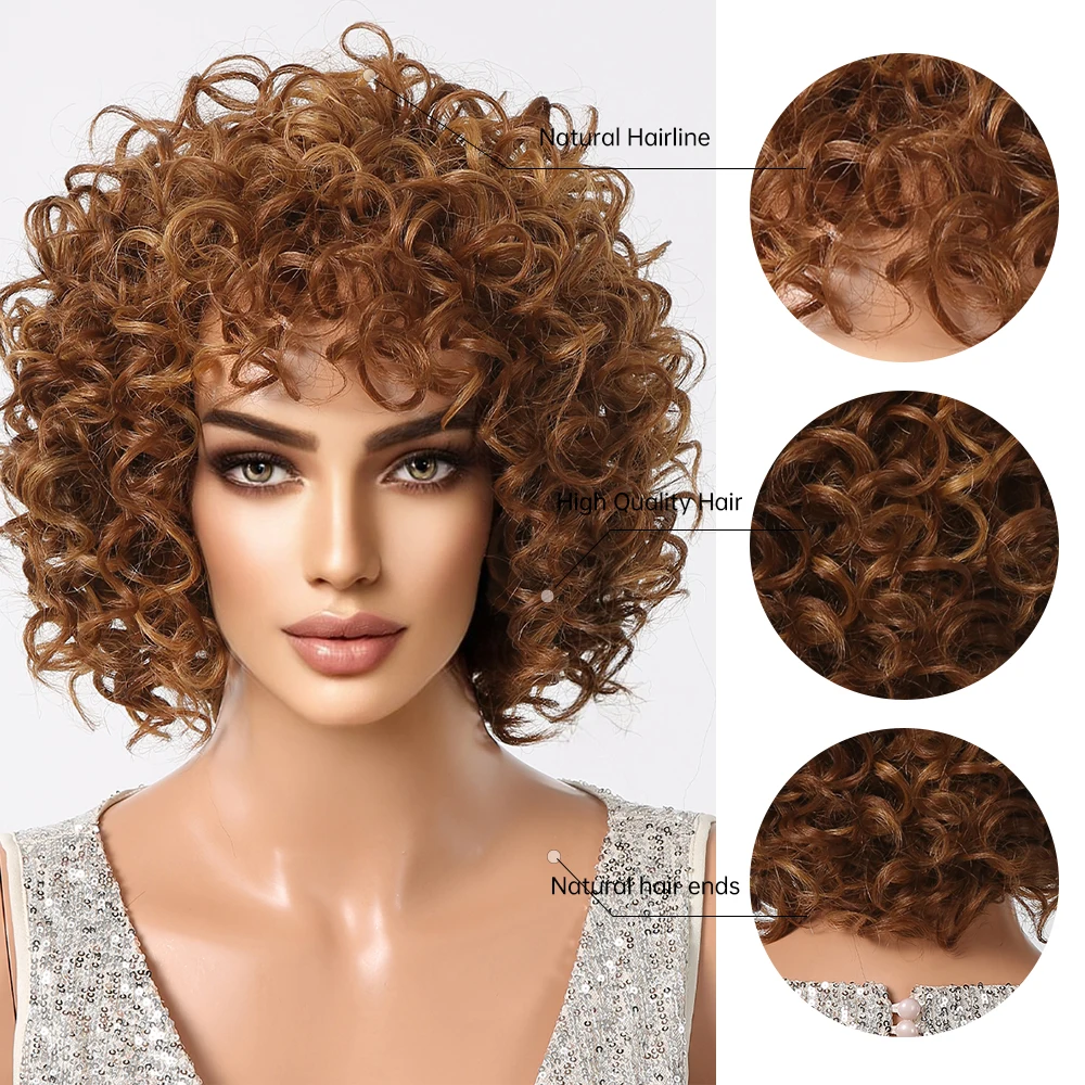 Kinky Curly Bomb Synthetic Wigs Short Bob Golden Brown Afro Wig with Bangs Deep Wave Hair for Black Women Brazilian Daily Use