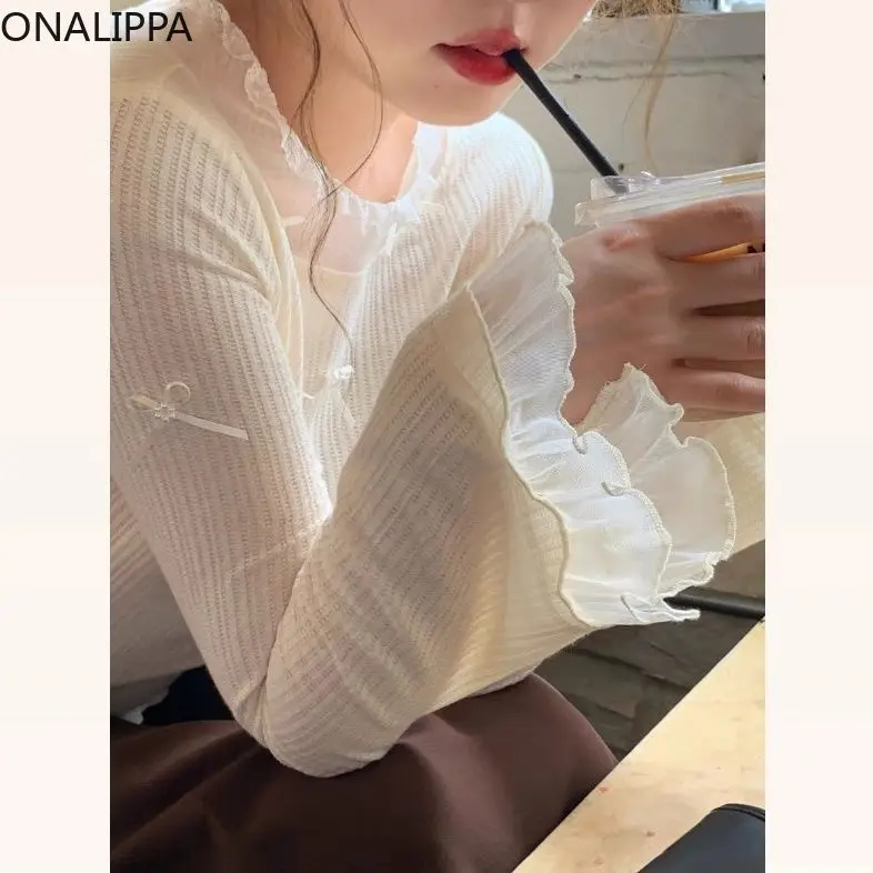 Onalippa Mesh Wood Ear Hem Bows Sweater Women Patchwork Solid Three Dimensional Bottoming Sweaters French Elastic Sweet Tops