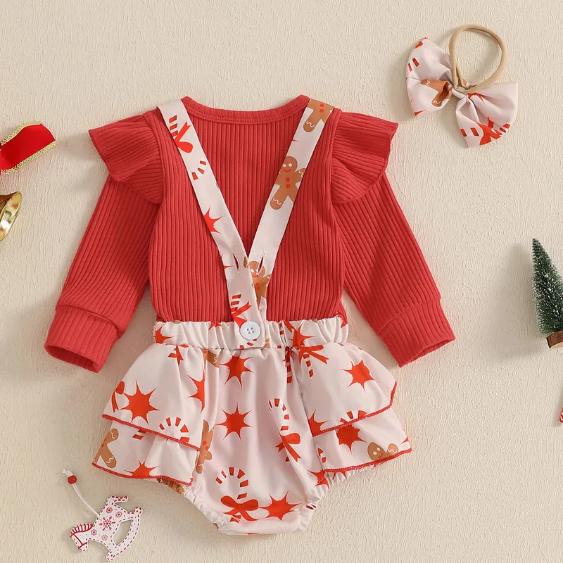 0 to 18 Months Christmas Baby Girls Shorts Sets Long Sleeves Bodysuit and Gingerbread Print Overalls Shorts Cute Headband