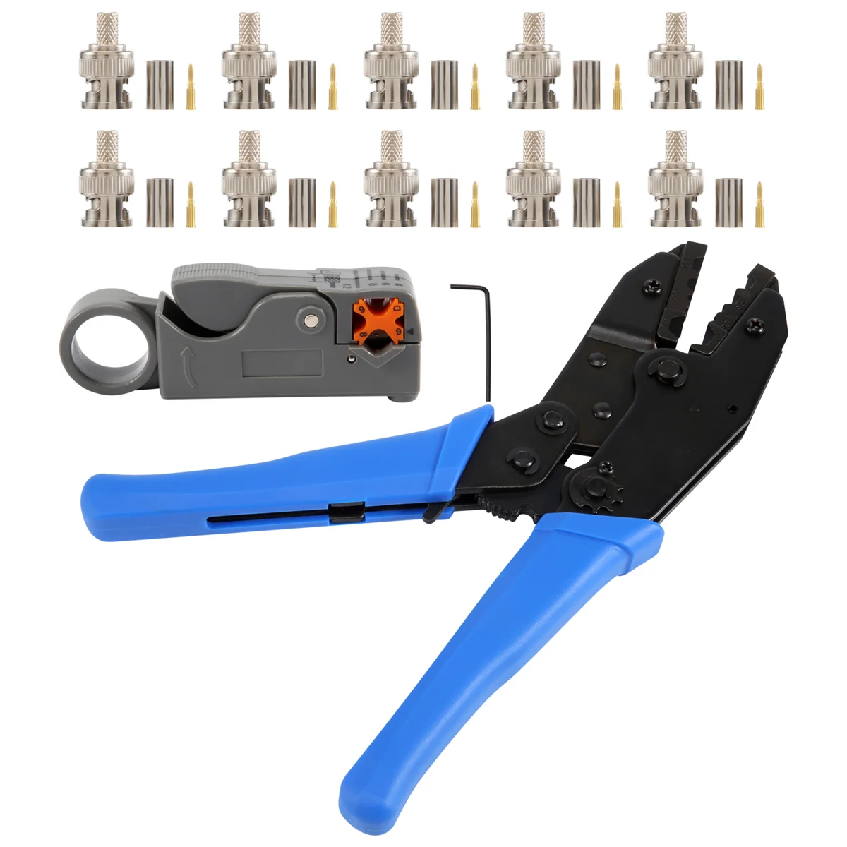 

AB02 1 комплект коаксиальных обжимных инструментов Rf/Bnc для Rg58/Rg59/Rg6 с 10 шт. набором обжимных разъемов Bnc