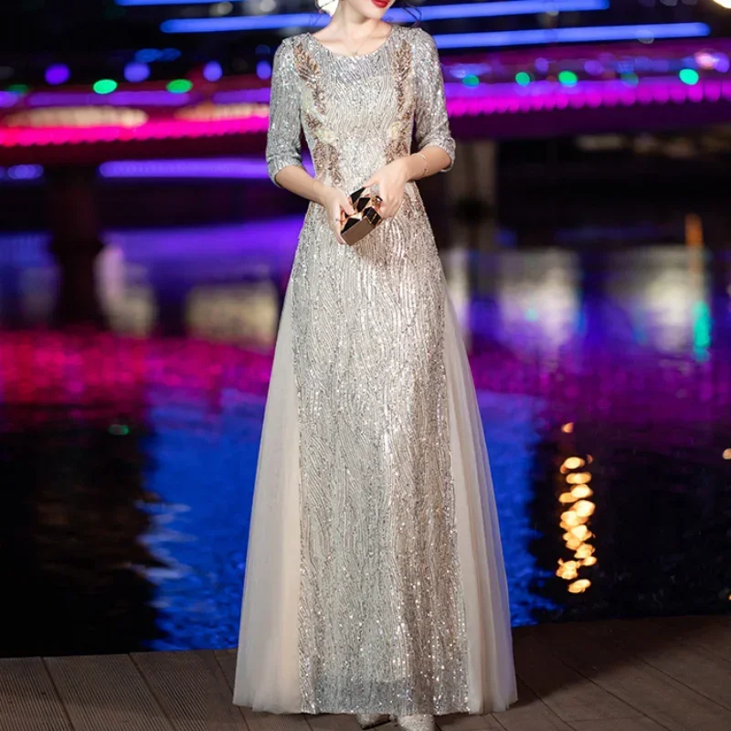 Elegante Pailletten Lange Avondjurk Een Lijn O-Hals Met Appliques Elegante Feestjurk Voor Vrouwen Formele Gelegenheid Jurk Prom-Jurk