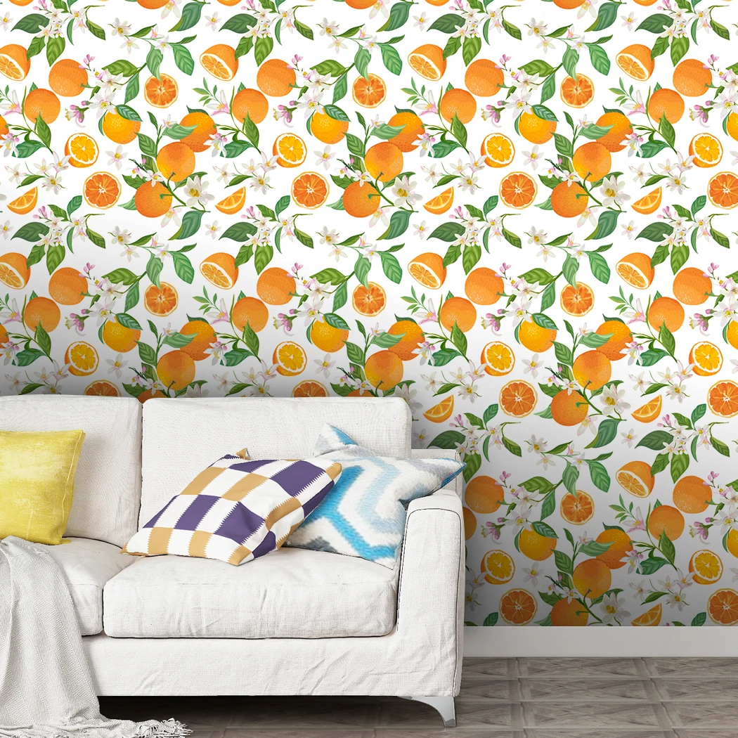 Peel and Stick Fruit Pattern Wallpaper Lemon Oranges Tree Floral Wallpaper Kitchen Cabinet Decor Self-Adhesive Wallpaper
