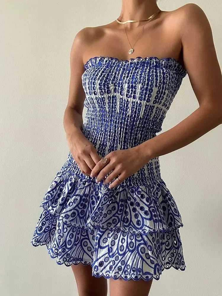 Deeptown Sexy Elegant Strapless Dress Women Colorblock Embroidery Sleeveless Dresses High Waist Female Layered Party Dresses