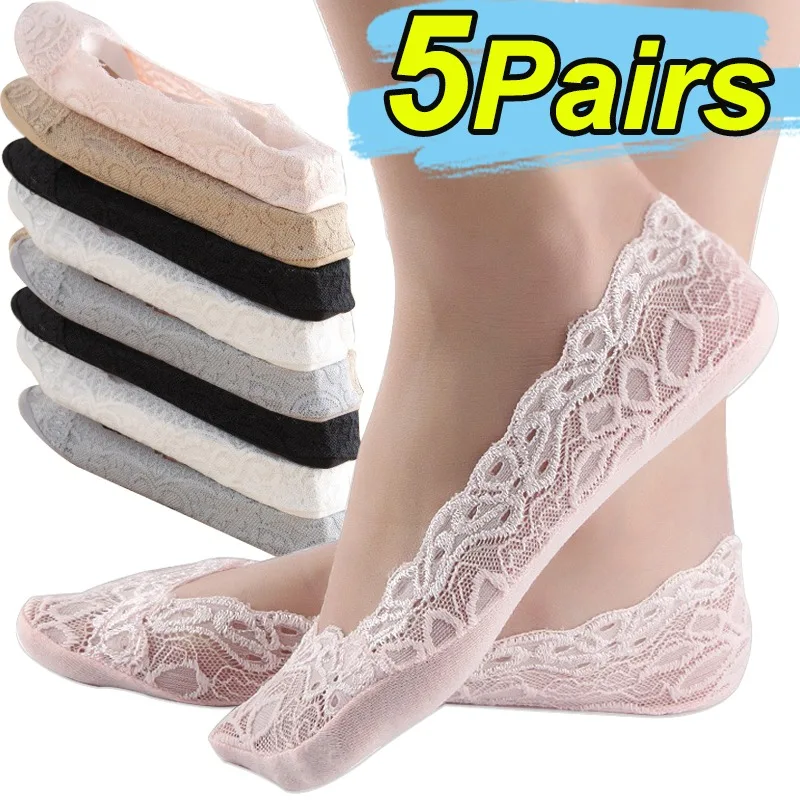 New Summer Ultra Thin Anti Slip Socks Women Solod Color Sexy Lace Invisible Boat Socks Slippers Comfortable Breathable Mesh Sock