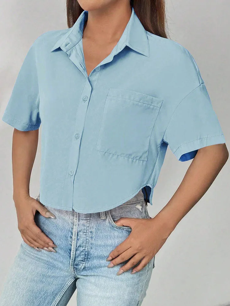 

Summer New Splicing Craftsmanship Flip Collar Short Sleeve Button Top Pocket Decoration Short Shirt for Women