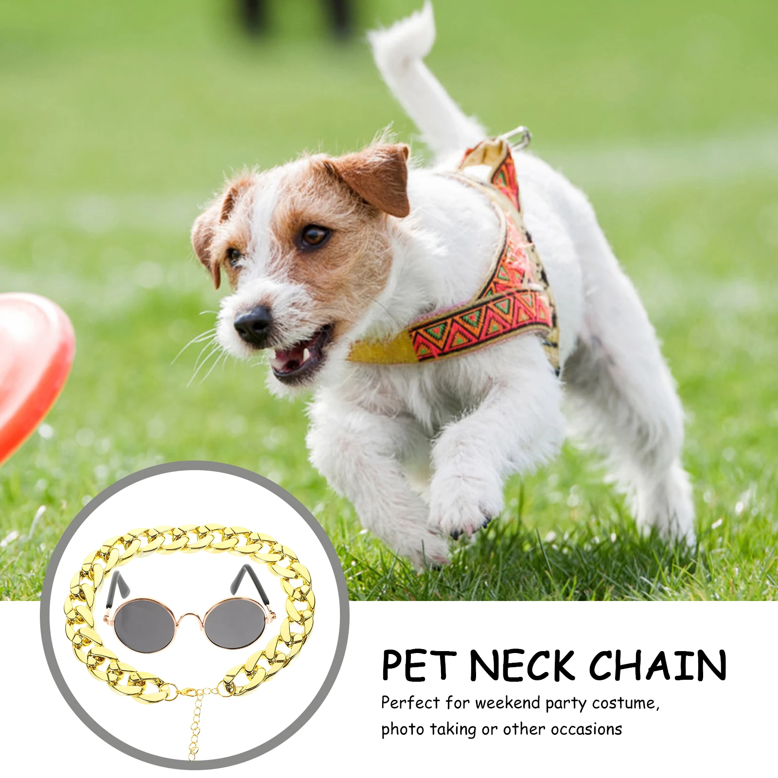 

2Pcs Pet Necklace Sunglasses Jewelry Accessory Golden Chain Dog Cat Pendant Durable Practical Photo Occasions Gift Pet Supplies