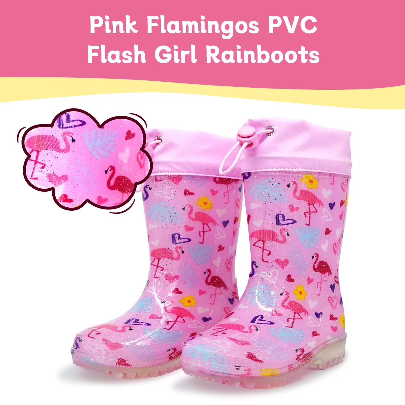 Kids’ Outdoor Pink Flamingos Glitter Rain Boots with Drawstring Closure - Waterproof Anti-slip Water Shoes - Wear-Resistant