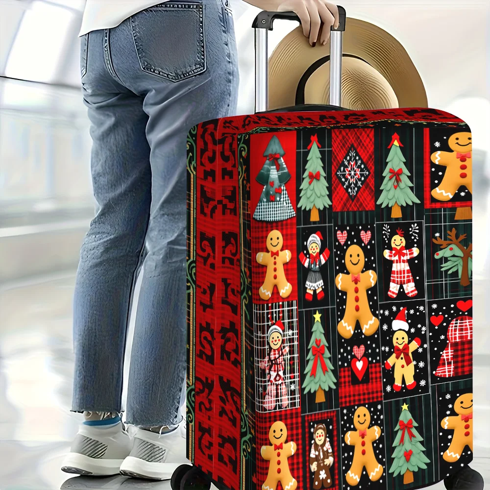 1PC Christmas Gingerbread Man Patchwork Print Luggage Cover for luggage sizes 18-32 inches; dust and elastic travel accessories