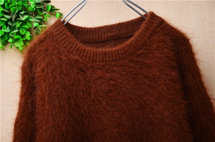 Female Women Autumn Winter Brown Hairy Mink Cashmere Knitted Long Sleeves O-Neck Loose Pullover Angora Fur Jumper Sweater Jumper