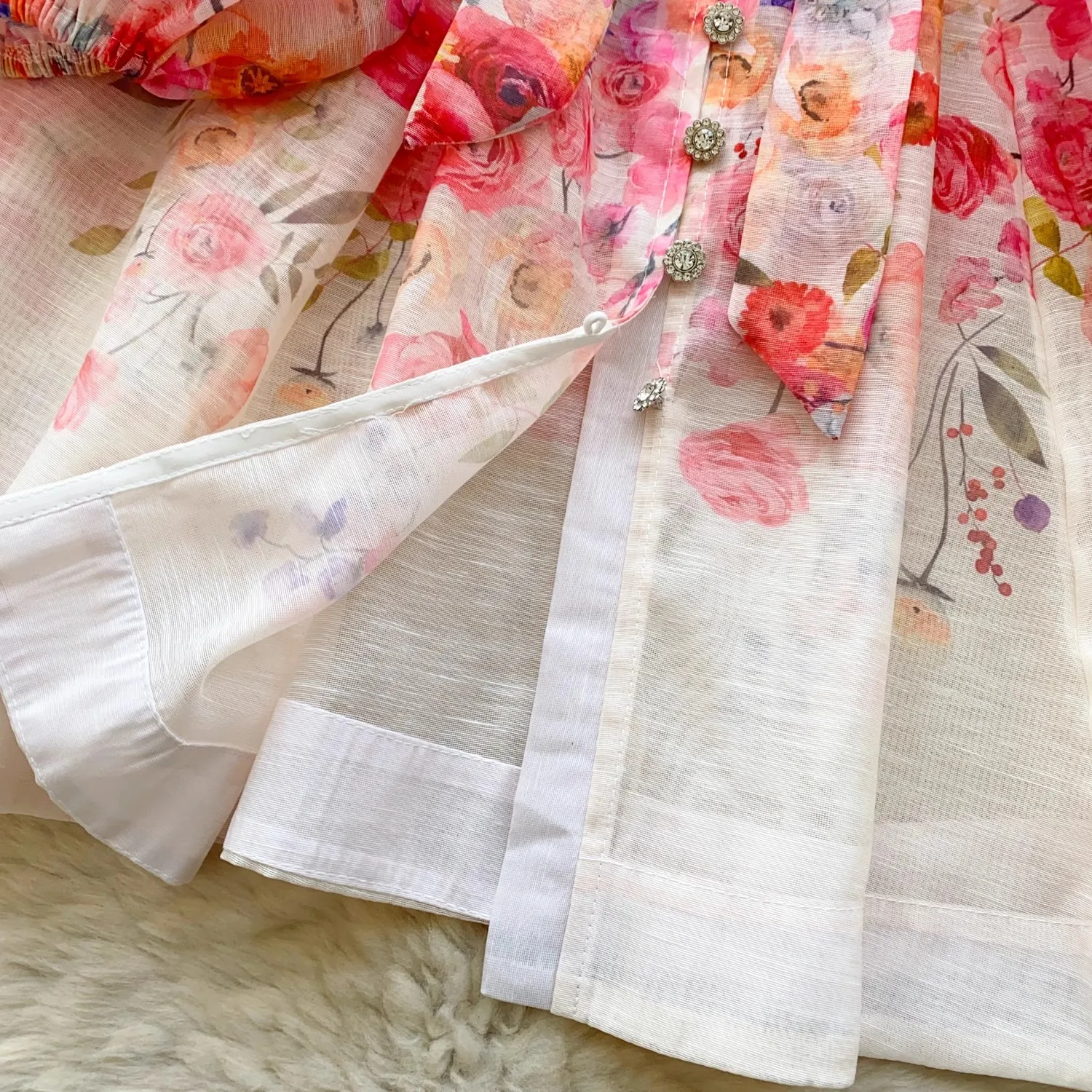 Summer Holiday Gorgeous Flower Beach Dress Female Long Lantern Sleeve Stand Collar Single Breasted Belt Lace Up Party Vestidos