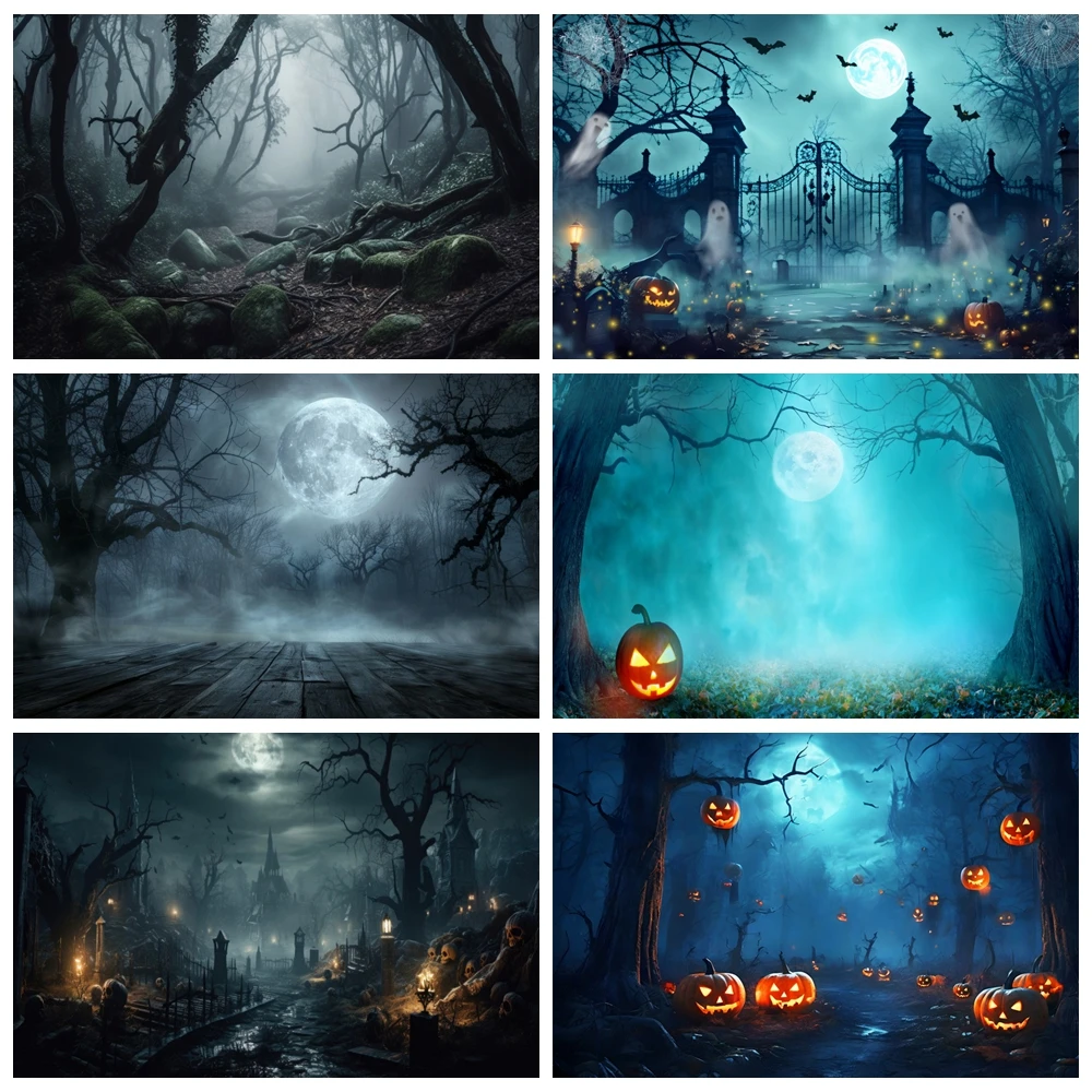 Halloween Photography Background Horror Misty Dark Forest Dead Tree Scary Night Moon Pumpkin Backdrop Halloween Party Decoration