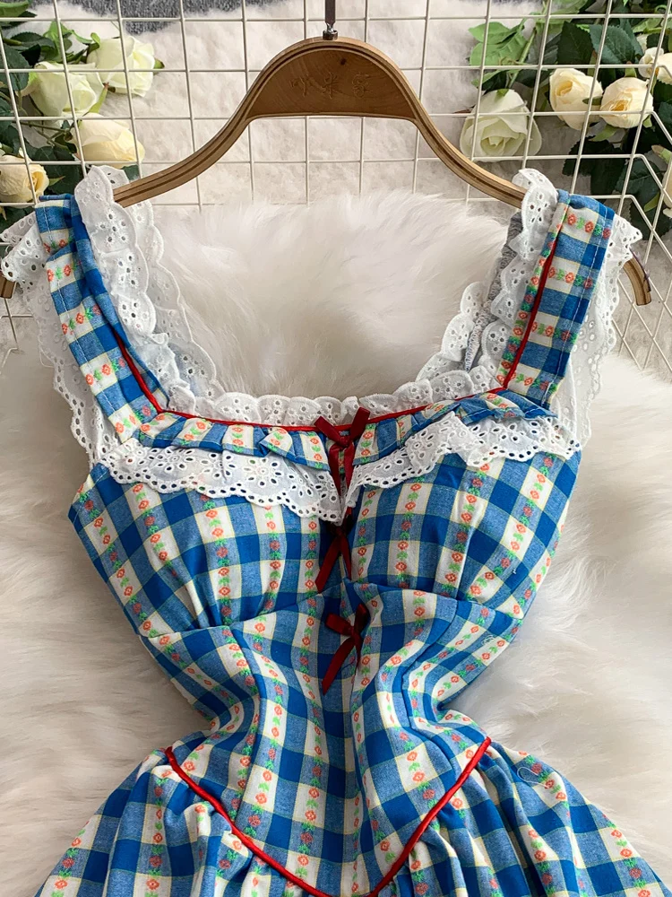 Falda Midi de cintura alta adelgazante Dr con cuello cuadrado y retazos de encaje a cuadros azul dulce para mujer, falda coreana Sle Commute Dr