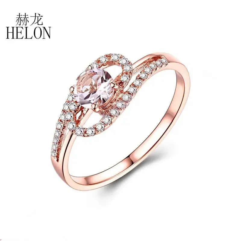 HELON Solid 14K Rose Gold Round 4.5mm Natural Morganite Diamonds Engagement Ring Women Wedding Band Anniversary Bridal Gift