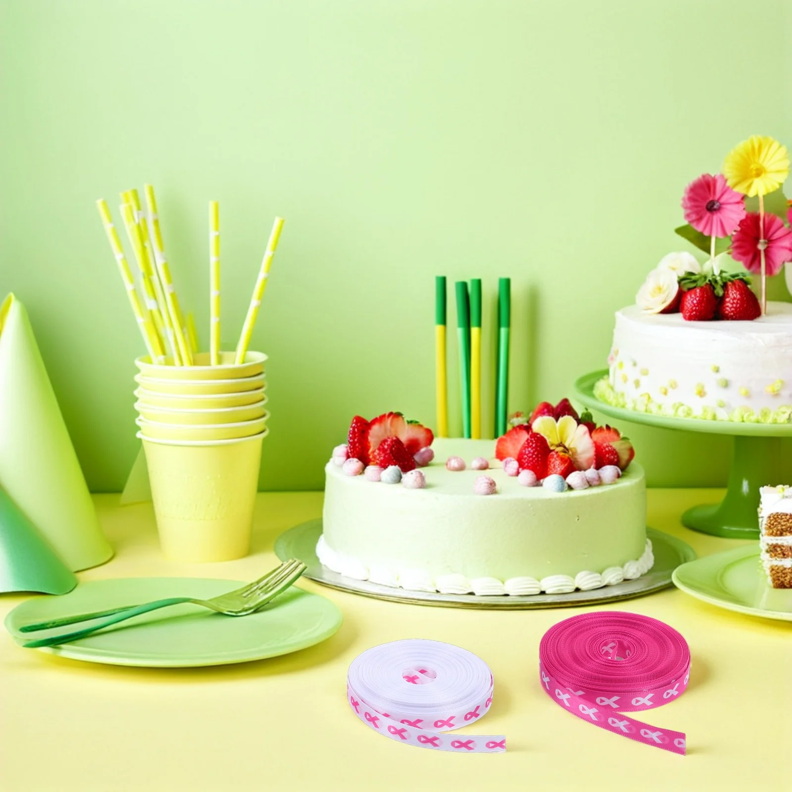 

2pcs 2 Rolls Breast Cancer Awareness Wired Edge Polyester Wrapping Ribbon For Gift Packaging Bouquet Craft Fundraiser Event