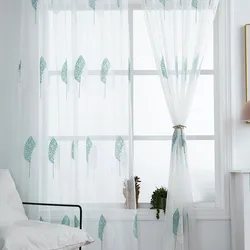 1PC Curtains Living Room Bedroom Balcony Bay Window Leaf Embroidered Screen Window Screen Blue White Double Tree Gauze  Tulle