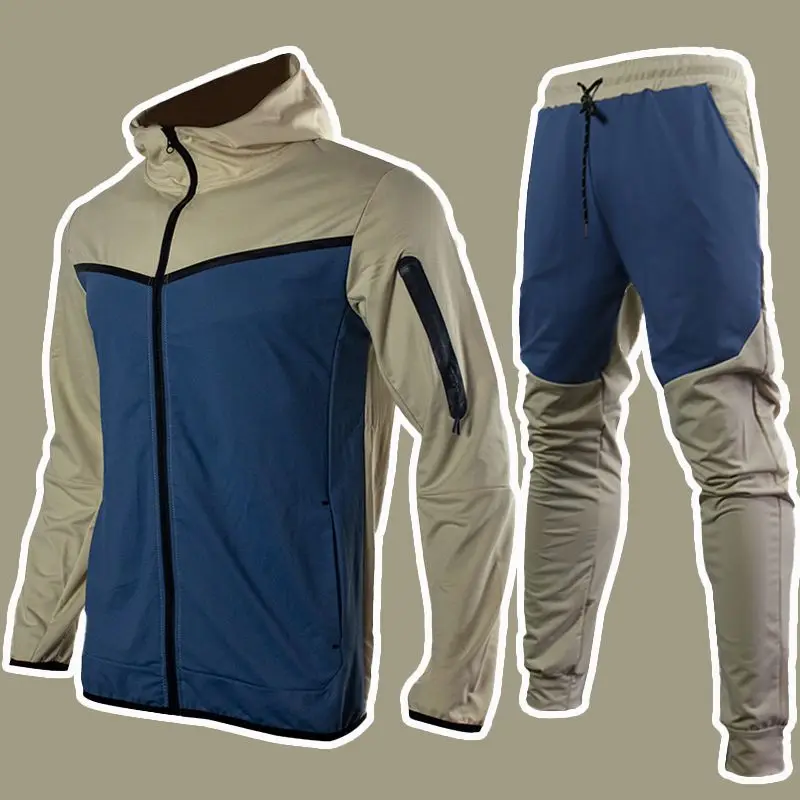 Conjunto completo com capuz, jaqueta esportiva, moletom, calça de manga comprida, aberta, outono, inverno, com bloco de cores para homens