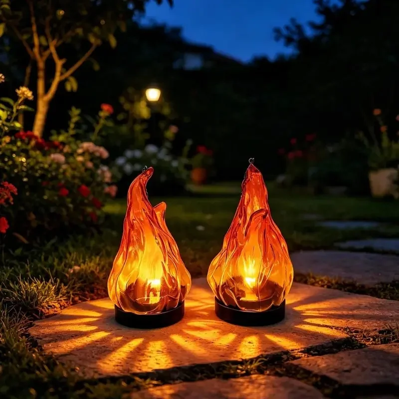 Hanging Flame Lamp LED Fire Shape Pendant Light Waterproof Outdoor Solar Hanging Lantern for Garden Patio Porch Decor