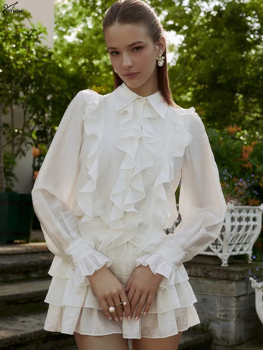 

Oymimi Fashion White Lapel Dresses For Women Elegant Long Sleeve Ruffled Single Breasted Dresses Summer New Pleated Mini Dress