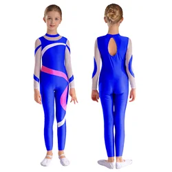 Kids Girls Ballet Dance Gymnastics Yoga Leotard Long Sleeve Sheer Mesh Jumpsuit for Figure Skating Acrobatics Stage Performance