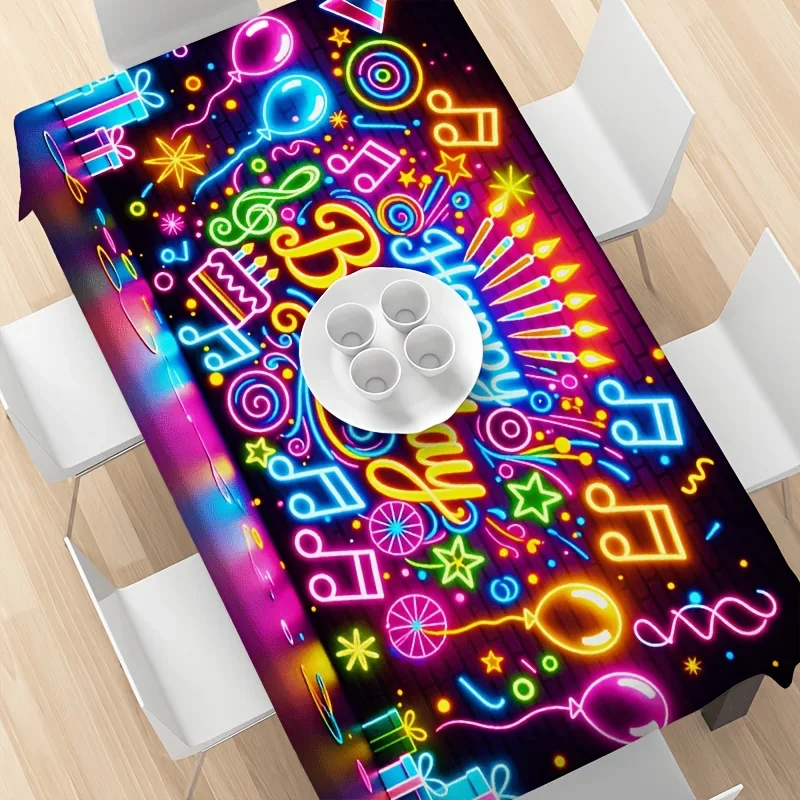 1pc Neon Birthday Party Tablecloth, Polyester Printed Rectangular Tablecloth.PMJ