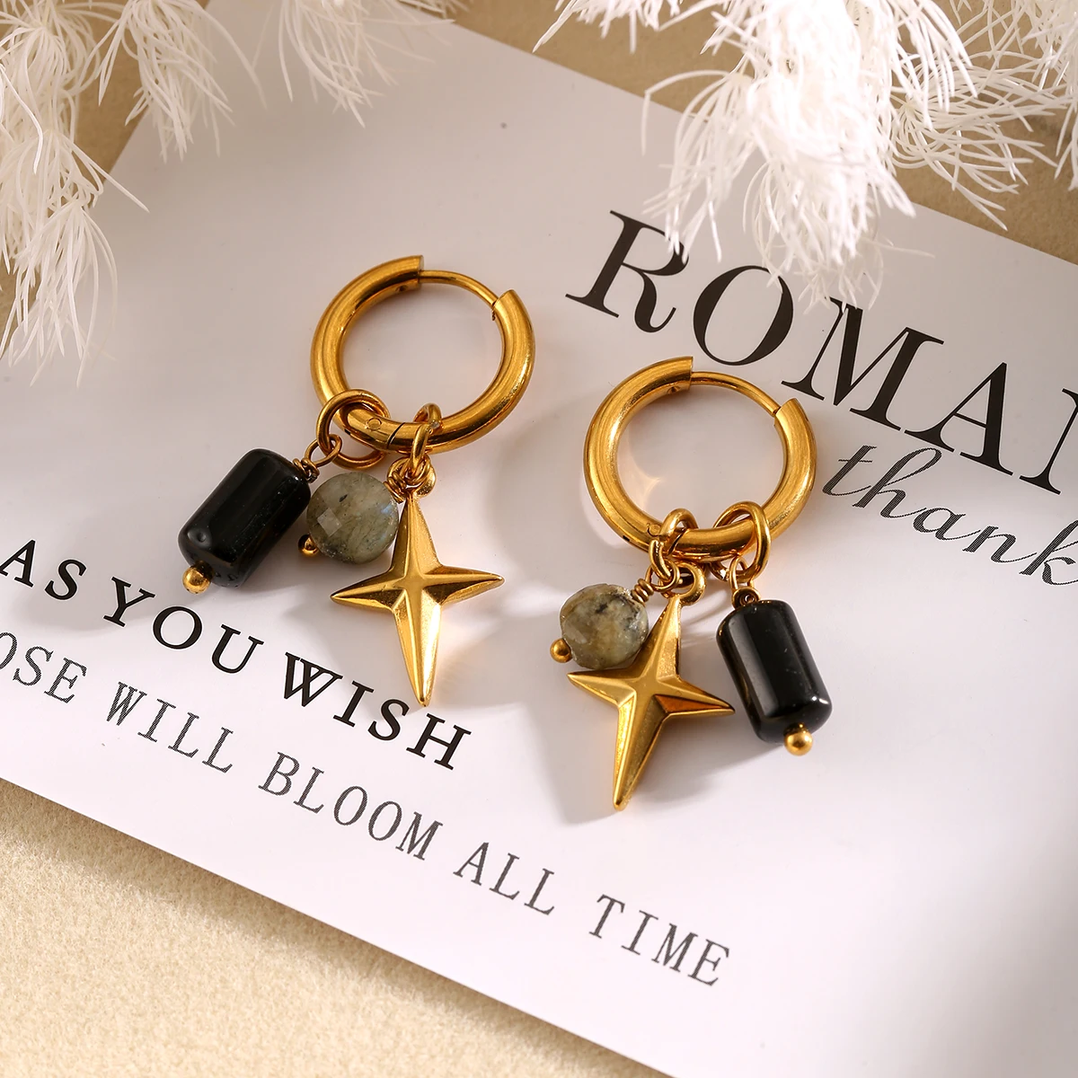 GIOIO أقراط من الفولاذ المقاوم للصدأ أقراط متدلية من الحجر الطبيعي للسيدات موضة يومية مقاومة للماء مجوهرات هوب أقراط هدية