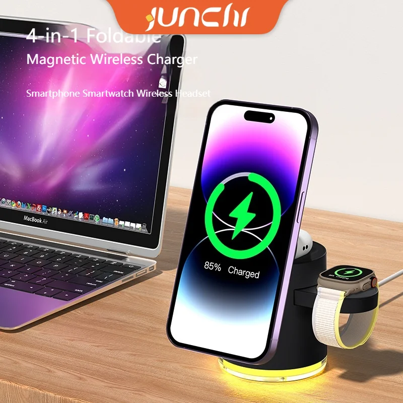 

4 in 1 Magnetic Wireless Charger Stand LED Light Phone Fast Charging Station For iPhone 16 15 14 13 12 Pro Max AirPods 2 iWatch