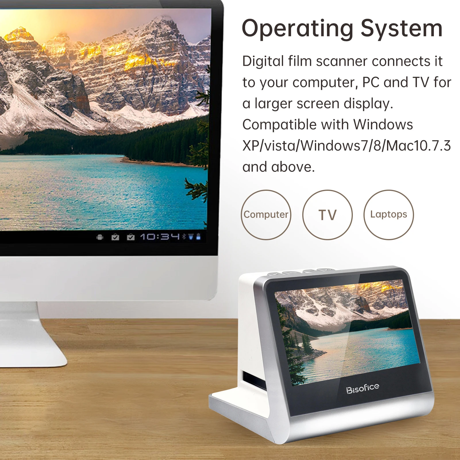 تم تجهيز الماسح الضوئي والمنزلق (36*24 مم) بشاشة LCD سعة 16 جيجابايت وتدعم الاتصال بالتلفزيون الذي يحكم الكمبيوتر الشخصي