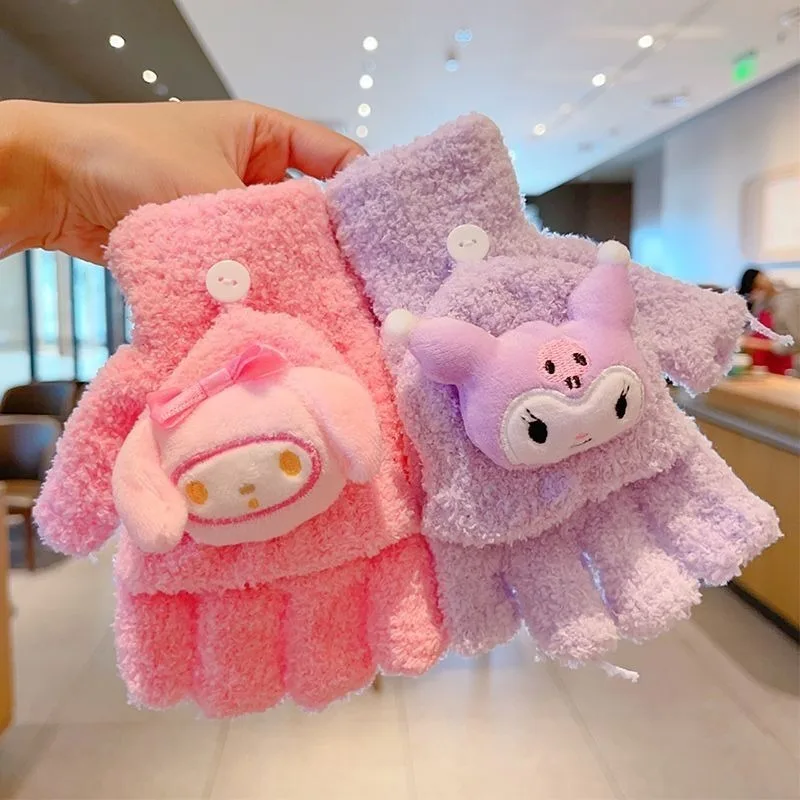 Sanrio My melody Kuromi Cinnamoroll cute creative cartoon plush warm and stretchy student new writing flip half finger gloves