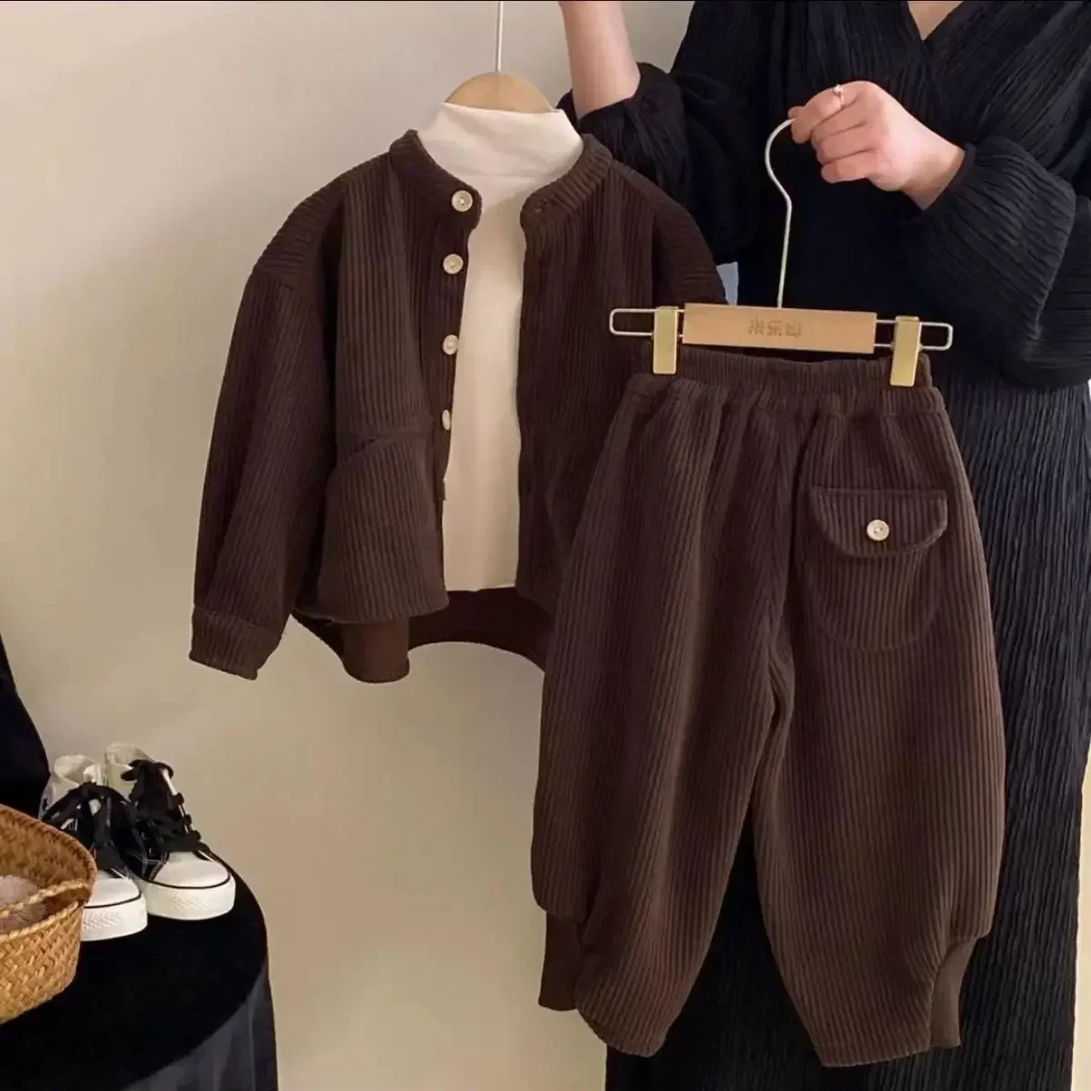 boys-girls-spring-autumn-set-korean-corduroy-stand-up-collar-single-breasted-top-pants-children's-casual-two-piece-set-clothing