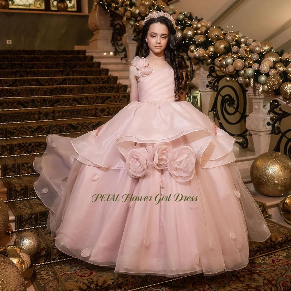 

Petal Pink Flower Girl Dress with 3D Flowers Fluffy Kids Birthday Party Dress with Pleats Luxury Girls Princess Dress Customized