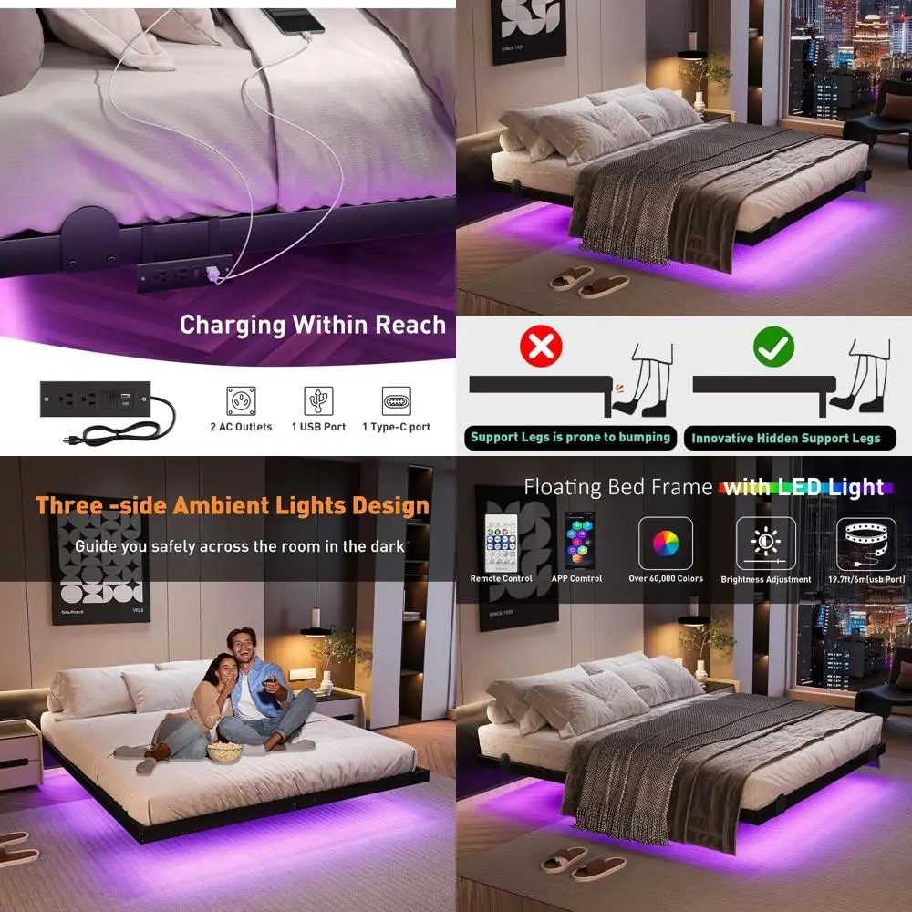 LED-lit 10 King Floating Bed Frame with Charging Station, Easy Assembly, No Box Spring Needed