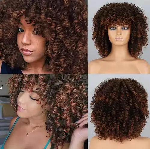 Peluca Afro rubia corta y rizada con flequillo, longitud de hombro, Kinkys Afro para mujer, Navidad, Halloween, Cosplay, fiesta de disfraces, pelucas