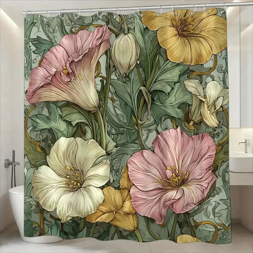 Art Nouveau Floral Shower Curtain – Pink  Yellow Blooms with Green Vine Scrollwork, 12 Hooks, 70.87×70.87