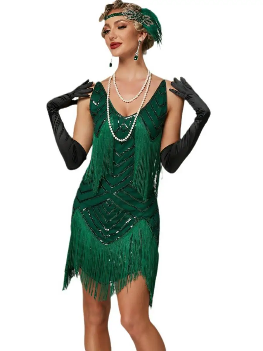 ชุดราตรีสไตล์เรโทรแกสบี้ประดับเลื่อมพู่ห้อยชายกระโปรงยาวแบบมีสายรัดประกายวิบวับ ไม่มีแบรนด์หรือสินค้าที่จดทะเบียน