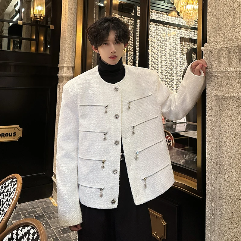 Men's Elegant Jacket Korean Style Luxury Short Suit Coat Fashion Multi-zipper Sequin Design Trend Male Casual Jackets White